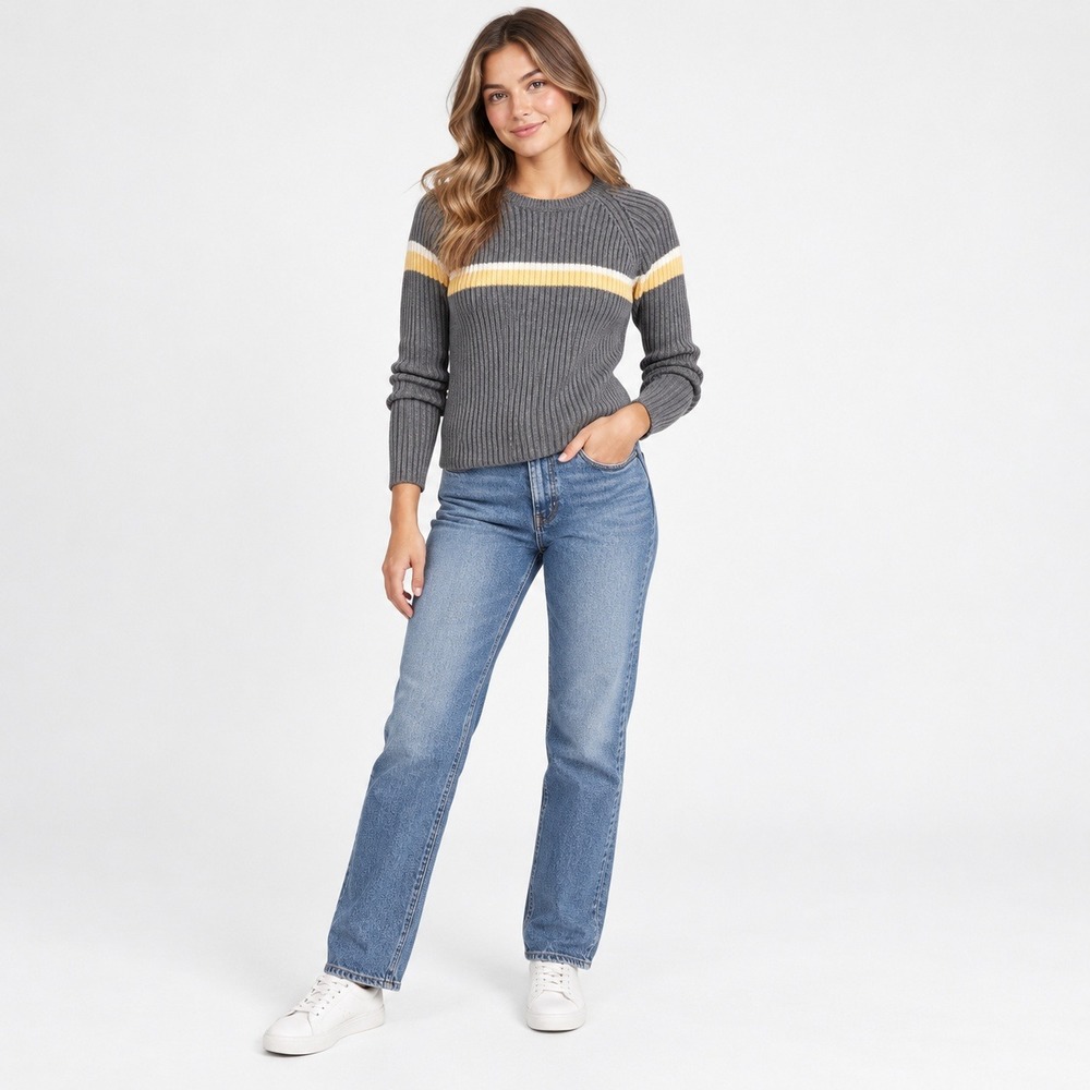 Aeropostale Y2K Gray Ribbed Crewneck Sweater Women's L Yellow Stripe NWT